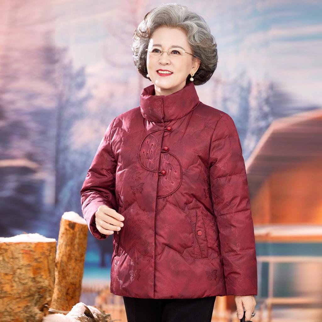 Vintage Rote Daunenjacke im chinesischen Stil für mittelalte und ältere Frauen, Warmer Wintermantel mit Entendaunen