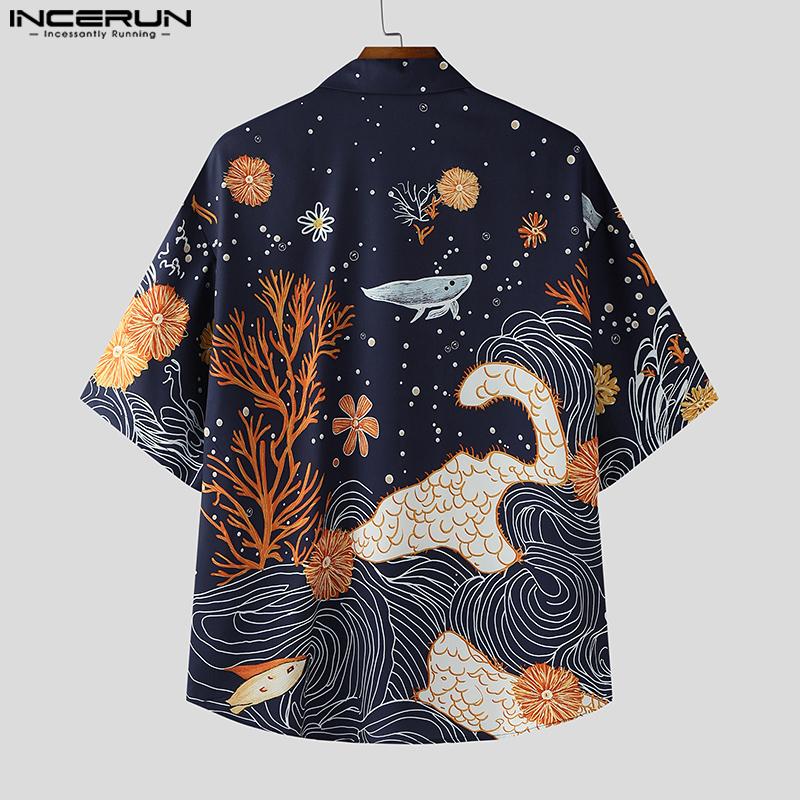 INCERUN Men Lapel Neck Short Sleeve Print Buttons Casual Oversized Shirts