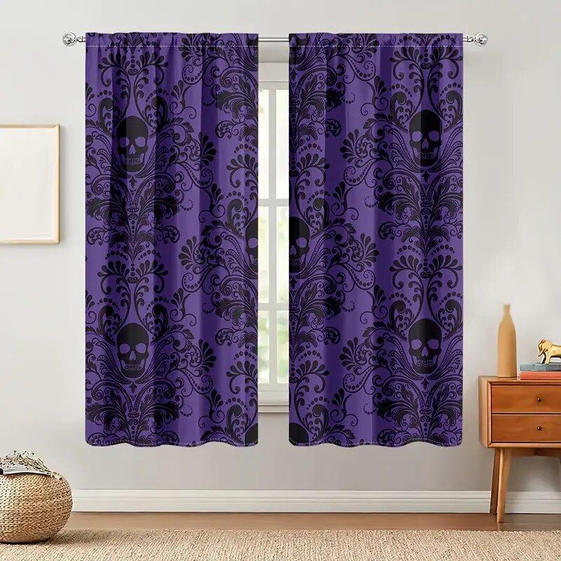Purple-black Gothic Retro Skull and Flower Pattern Printed Curtains   Window Decorations   Home Decorations   Room Decorations