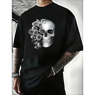 Europäische Größen Herren Gothic Rose & Totenkopf Print Übergroßes T-Shirt - Lockerer Schnitt Rundhalsausschnitt Kurzarm, Maschinenwaschbarer Komfort, Gothic Statement Top