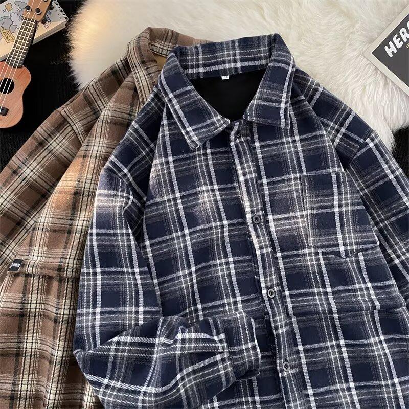 

Рубашка в японском стиле в стиле ретро для городских пар, бархатная, с подкладкой, на осень и зиму, для мальчиков в студенческом стиле, теплая, в клетку 2XL темно-синий