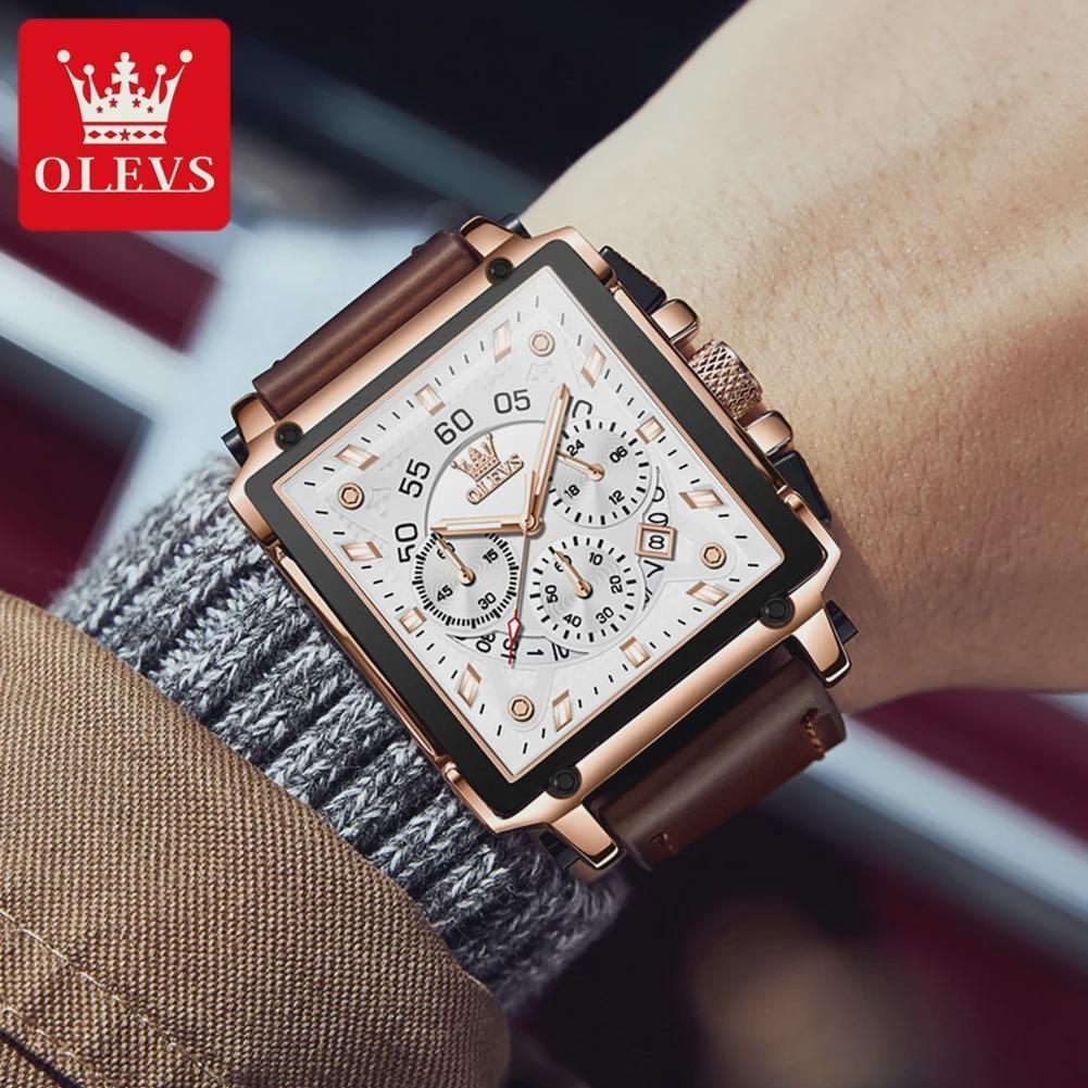 Top Brand Luxury Mens Watches Fashion Blue Square Quartz Watch for Men Sport Leather Strap Chronograph Wristwatches
