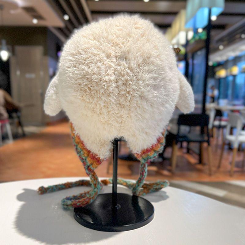Niedliche Damenmütze im koreanischen Stil mit Ohrenschutz aus Lammwolle zum Binden für Herbst und Winter
