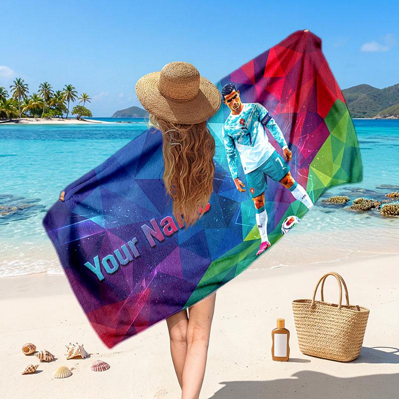 Cristiano Ronaldo Custom Beach Towel, Personalized Name Text Print, Football Logo Soft Quick‑Dry Towel Holiday Gift