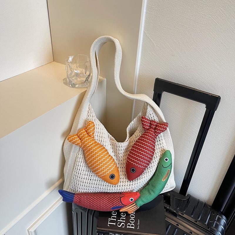 Borse a Spalla Shopper in Lana Lavorata a Maglia Decorazione Pesce Fortunato per Donna Grande Capacità Borsa da Shopping Borsa a Mano Casual da Strada Design Koi 2026