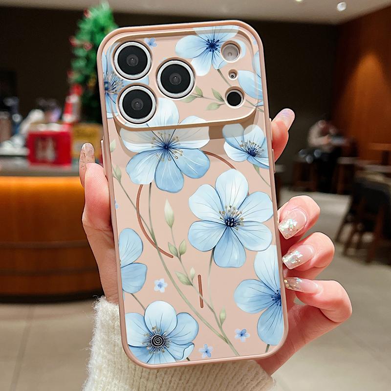 Lovely Sky-blue Flowers Pattern Case For iPhone 17 Pro Max Magnetic For Magsafe Skin Feeling Cover For iPhone 16 15 14 13 Pro Max
