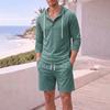 Men's Cotton Linen Hooded Long Sleeve Shirt and Shorts Set, Loose Fit Casual 2 Piece Outfit with Large Pockets for Spring and Fall