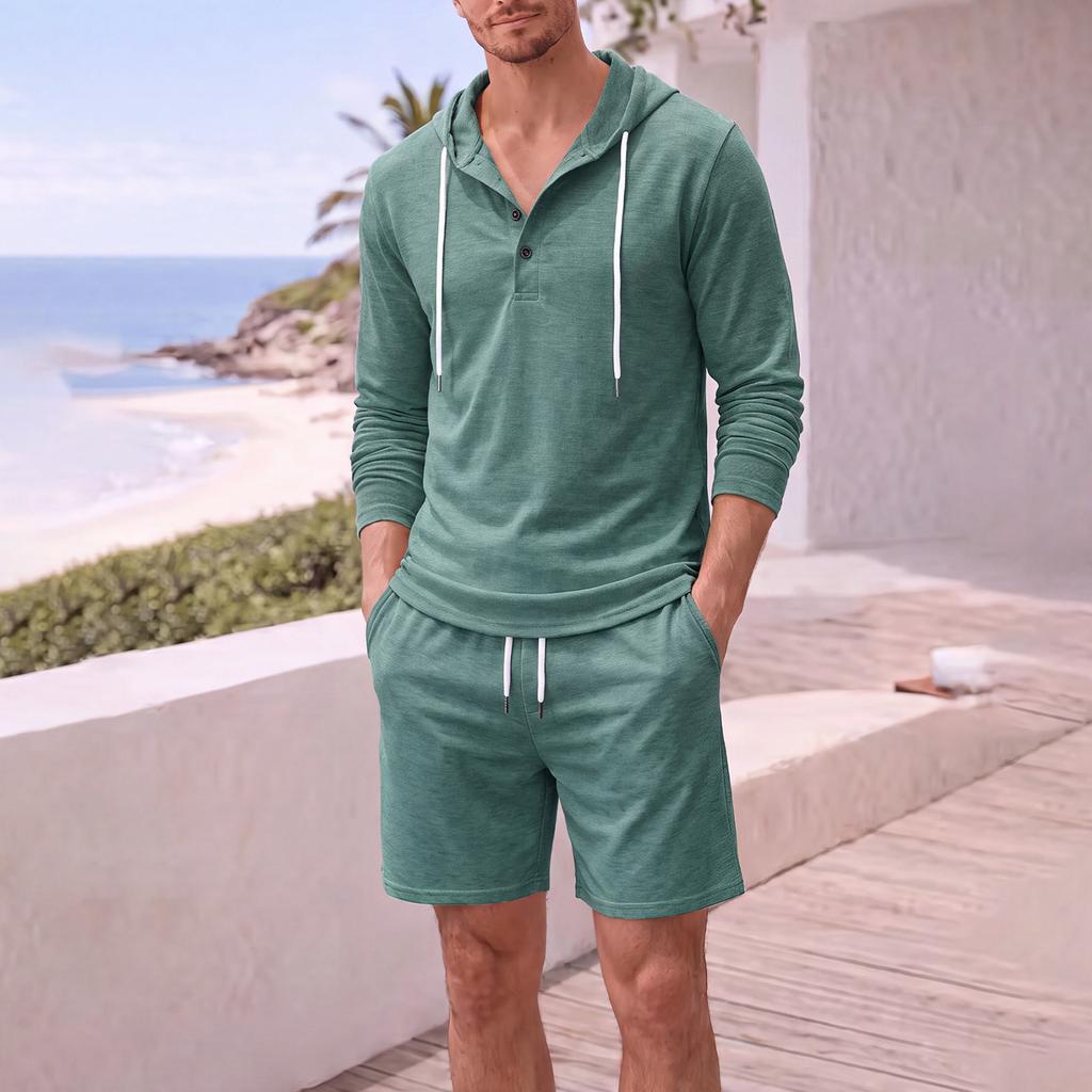 Men's Cotton Linen Hooded Long Sleeve Shirt and Shorts Set, Loose Fit Casual 2 Piece Outfit with Large Pockets for Spring and Fall