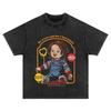 Chucky Bingo Fun Print Tshirt Mens Washed Old Short Sleeve American Retro High Street Pure Cotton Mens and Womens Tops