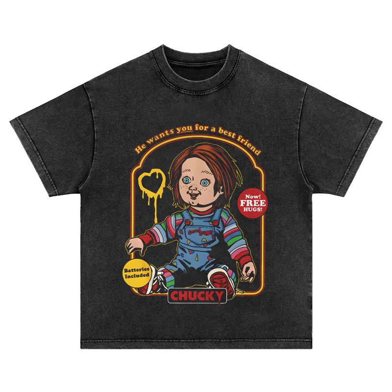 Chucky Bingo Fun Print Tshirt Mens Washed Old Short Sleeve American Retro High Street Pure Cotton Mens and Womens Tops
