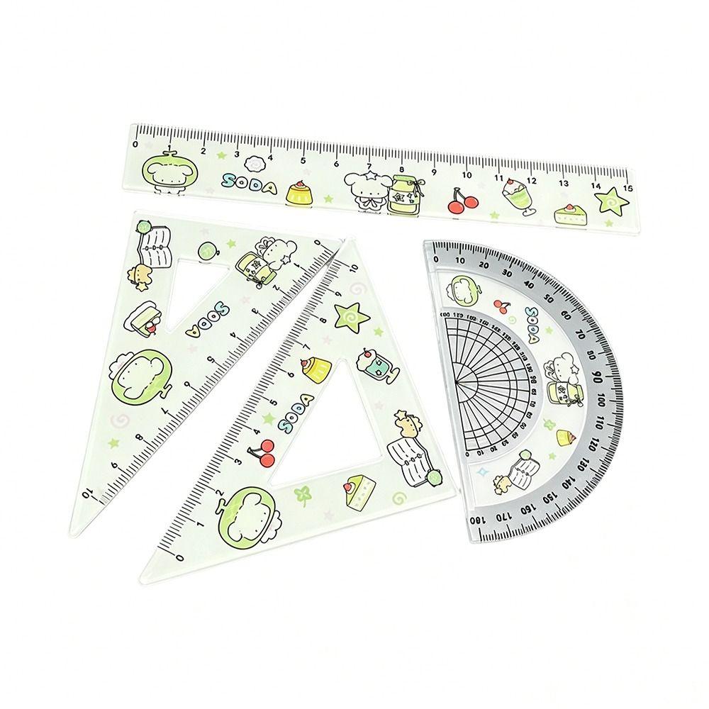 4pcs Math Geometry Tools Ruler Set Melon Dog Straight Ruler Portable Triangle Rulers School Office