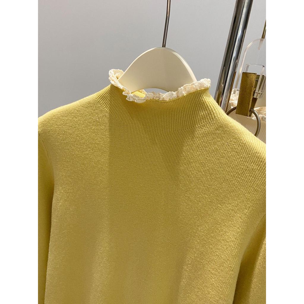 Dopamine semi-turtleneck lace top women's soft waxy knitted sweater autumn and winter slim and thin inner long-sleeved backing sweater