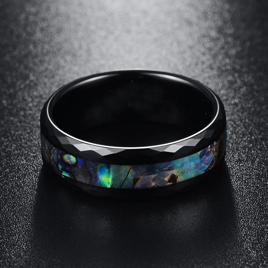 8mm Gehämmert Edelstahlringe Für Männer Eingelegt Koa-Holz Abalone-Schale Ringe Herren Verlobung Hochzeit Schmuck