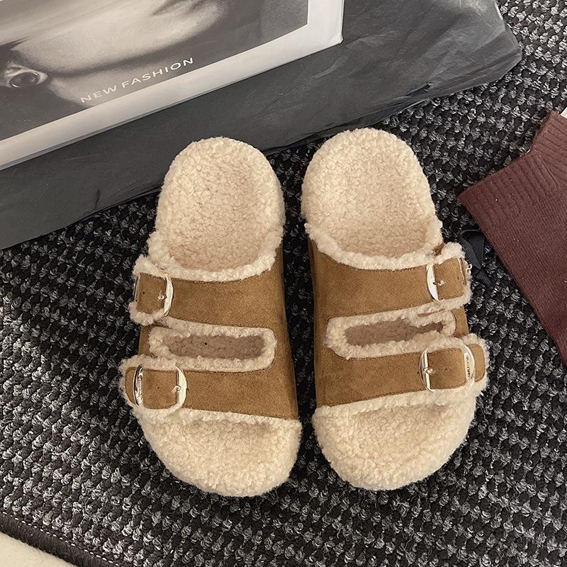 Thick-soled temperament fluffy shoes for women's 2025 new autumn fashion versatile outer wear one-pedal lazy cotton slippers
