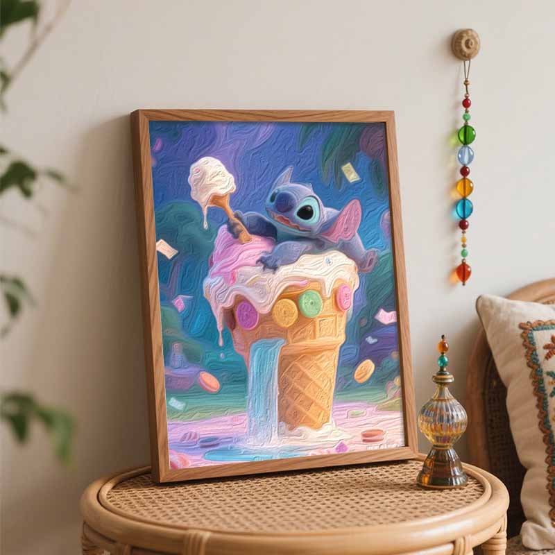 Disney Ice Cream Stitch Oil Painting Handcolored Painting Living Room Decoration Hanging Painting Wall Painting