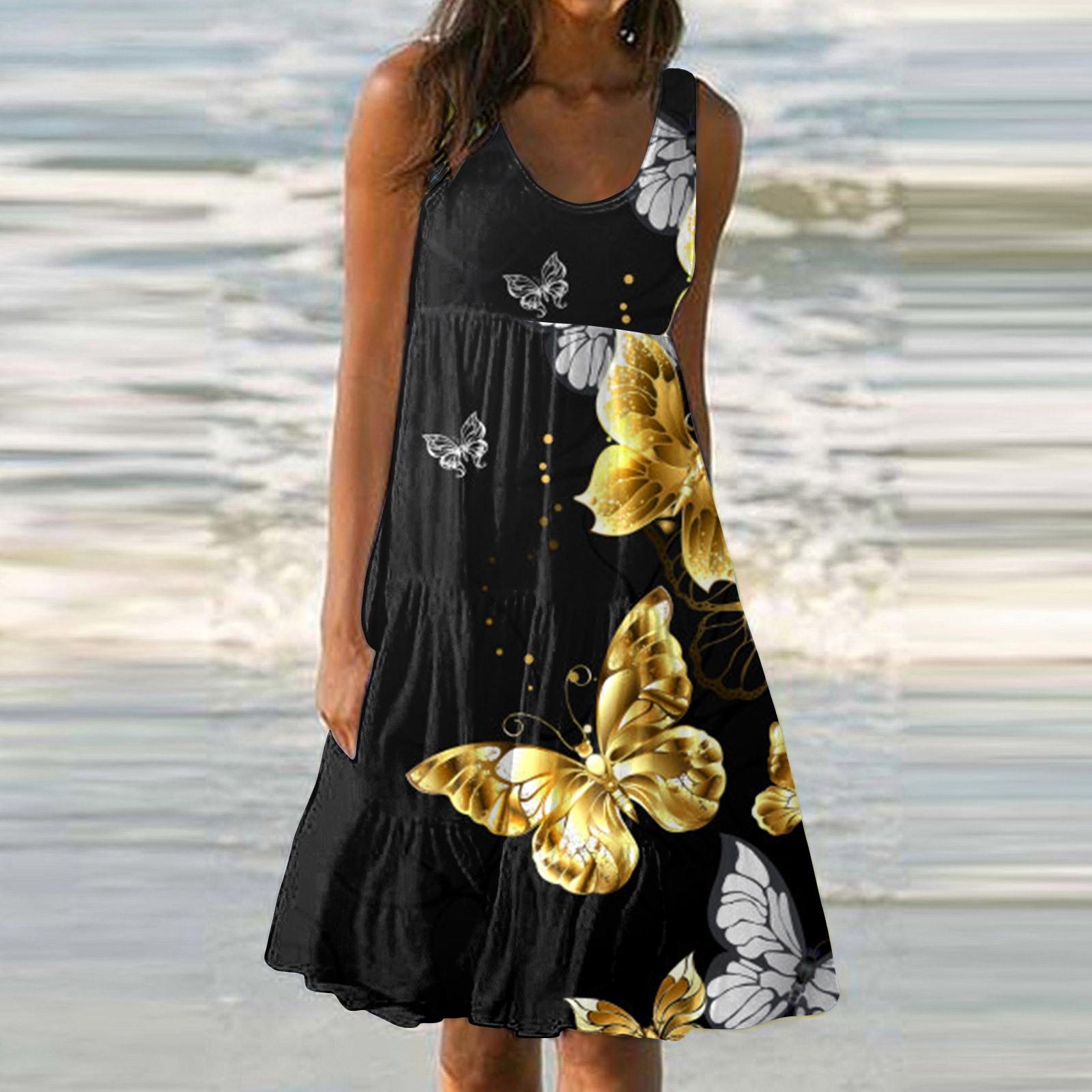 Women s Dress Casual Butterfly Print  Beach Skirt Sundress XXXL