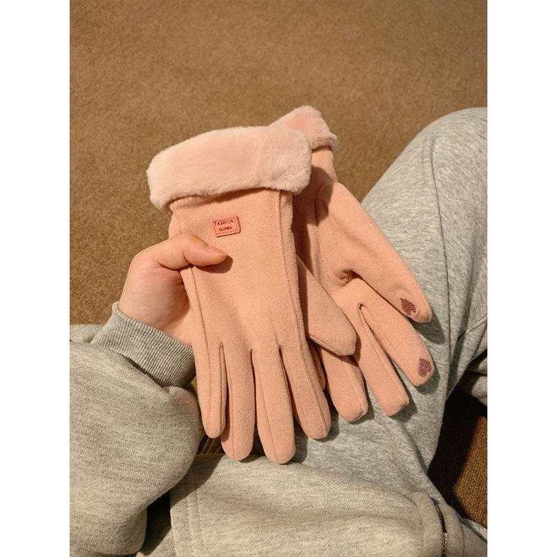 Suede gloves winter women's fleece thickened