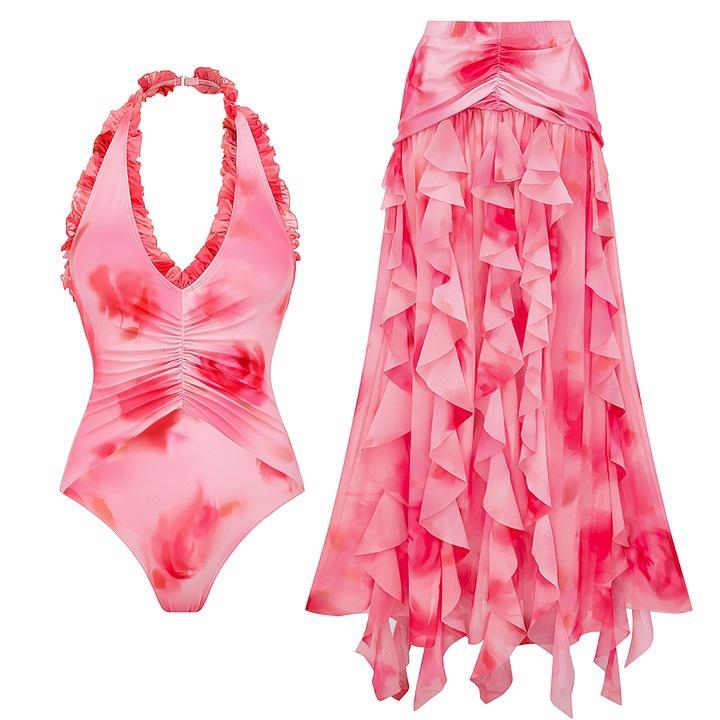 Spot European and American new printed one-piece swimsuit women's vacation beach fringed skirt 11111