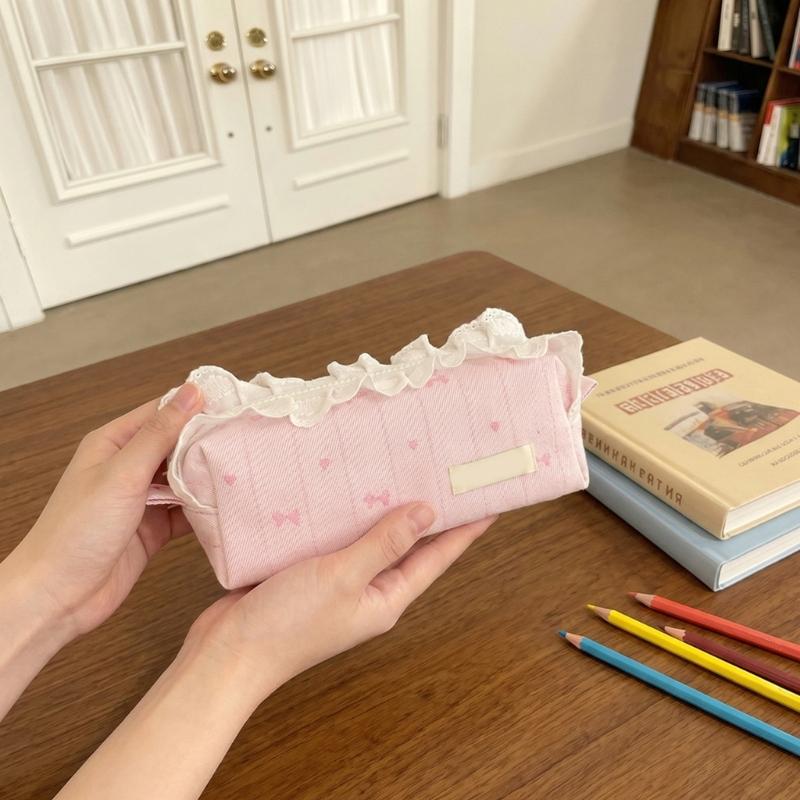 Lace Trim Pencil Case with Top Closure, Embroidered Heart Design for School Supplies, Desk Storage and Journaling