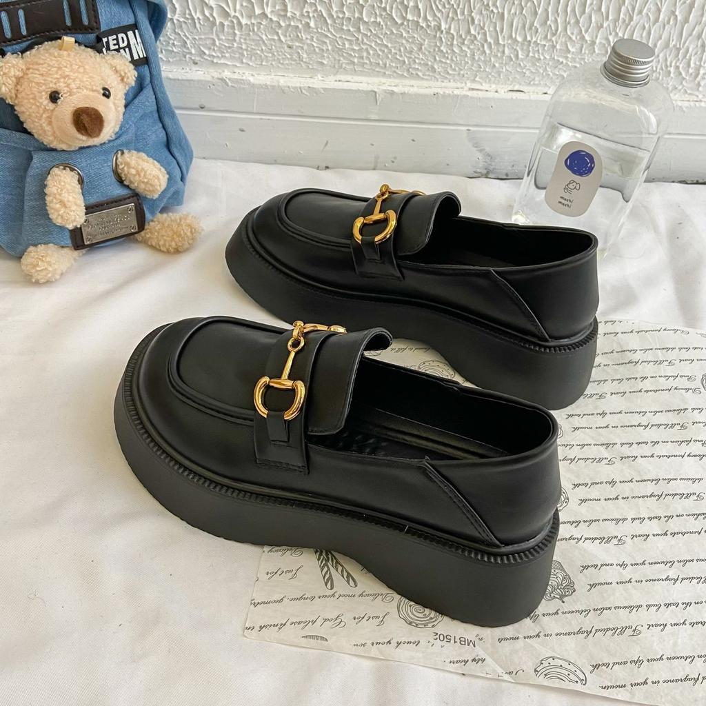 British Style Black Small Leather Shoes Women's 2025 Spring and Summer New Fashion Versatile Height-increasing Work Shoes Platform Shoes Children