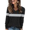 Women's Fashionable Oversized V-Neck T-Shirt With Striped Patchwork Print Long-Sleeved Pullover Top