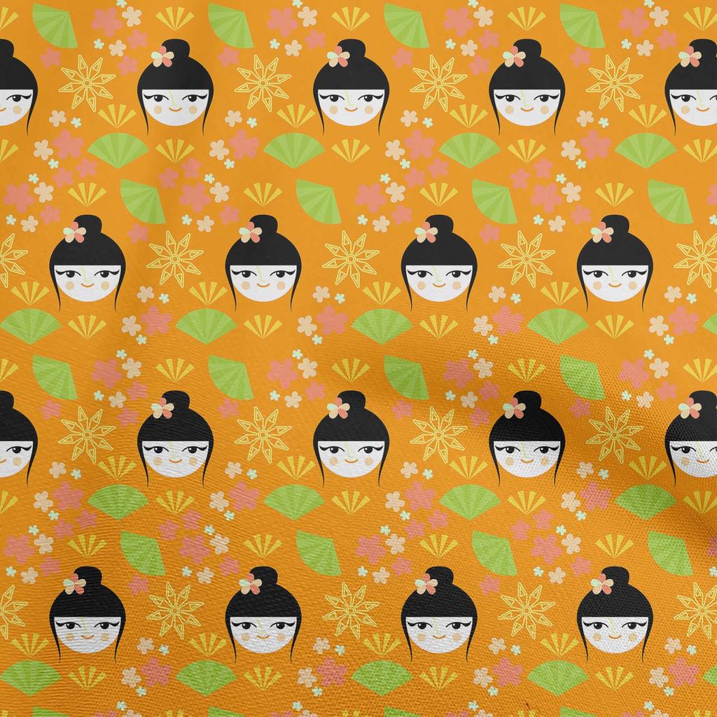 oneOone Cotton Flex Mustard Yellow Fabric Asian Japanese Fan Craft Projects Decor Fabric Printed By The Yard 40 Inch