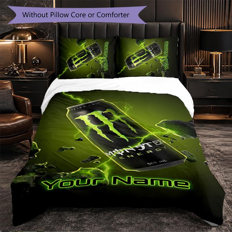 Monster Energy Customized Name Text Bedding Set, 1 Duvet Cover & 2 Pillowcases Personalized Bedroom Gift
