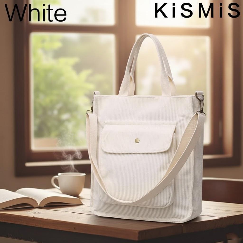 

Vintage Corduroy Shoulder Bag Women Shopping Tote Zipper Casual Bookbag Student Handbags with Outside Pocket Girls Bag білий