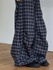 Navy Blue Retro Plaid Wide-Leg Elastic Drawstring Trousers for Women and Children - Autumn/Winter Fashion
