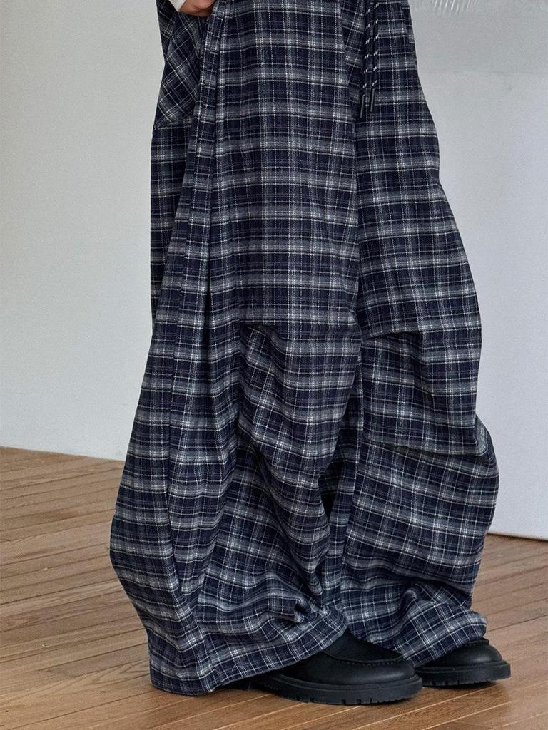 Navy Blue Retro Plaid Wide-Leg Elastic Drawstring Trousers for Women and Children - Autumn/Winter Fashion