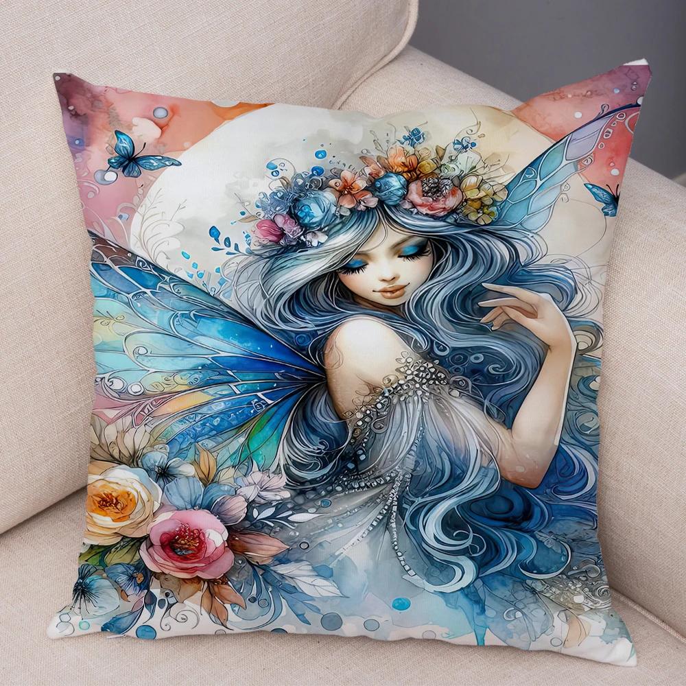 Niedlicher Cartoon Waldmädchen Elfen Kissenbezug Doppelseitig bedruckter Kissenbezug Deko für Sofa Zuhause Superweicher Plüsch Kissenbezug 40x40cm