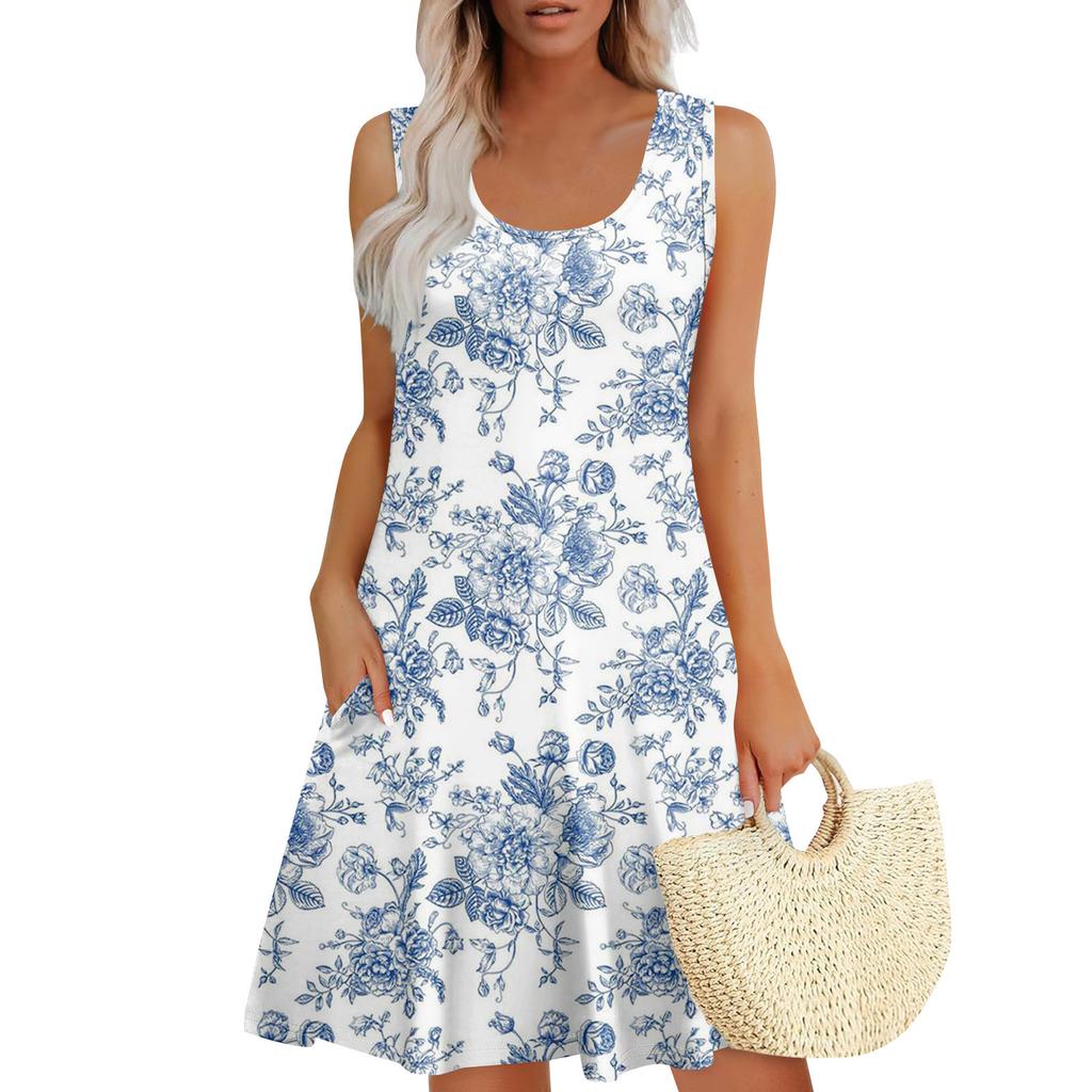 Women's Summer Casual U-shaped Tie Pocket Popular Floral Print Dress