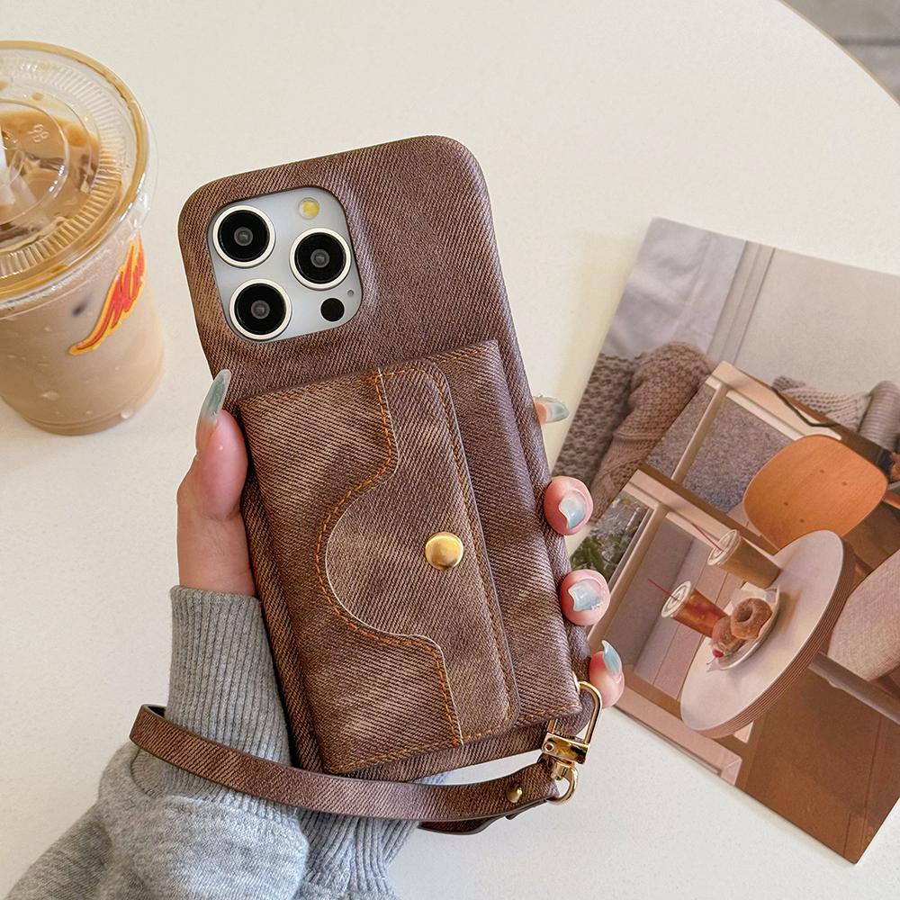 For iPhone 14 Pro Case Card Slots Mirror Design Jeans Cloth Texture PU Leather Back Cover with Strap