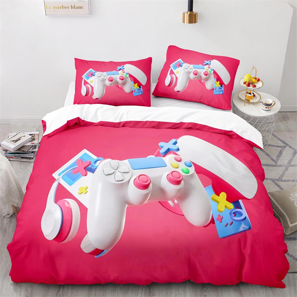 3pcs Bedding Set Purple Red Pink Blue GamePad Print Cozy Soft Duvet Cover King Queen Twin Size Birthday Gift Boys Bedroom Decor