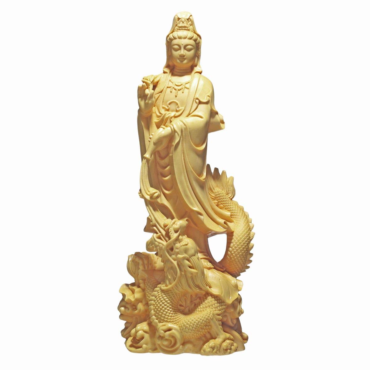 Dragon-riding Kannon Buddhist Statue, Approximately 17cm Tall, Natural Boxwood (Tsuge) Wood Carving, Dragon God, Dragon-riding Kannon, Dragon Kannon,