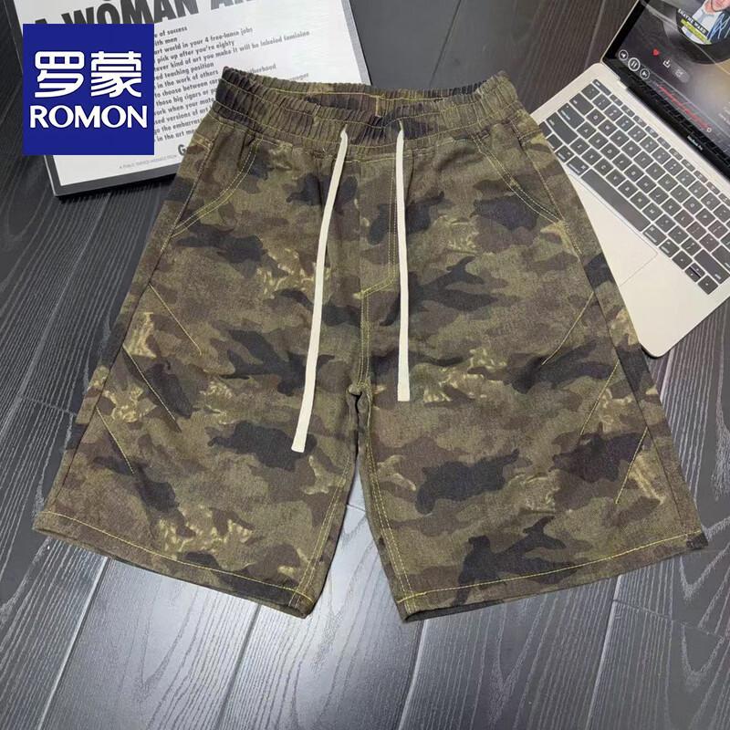 ROMON Men s Retro Camo Denim Beach Shorts 3XL