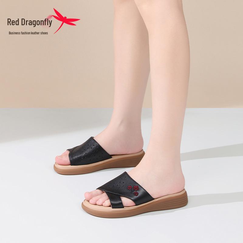 Red Dragonfly Women's Genuine Leather Non-slip Summer Slippers - Hollow Flat Bottom Cowhide Sandals for Middle-aged and Elderly.