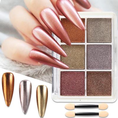 6 Colors Chrome Nail Powder Metallic Nail Art Pigment Powder Set with Brushes Nail Glitter Powder with Mirror Effect