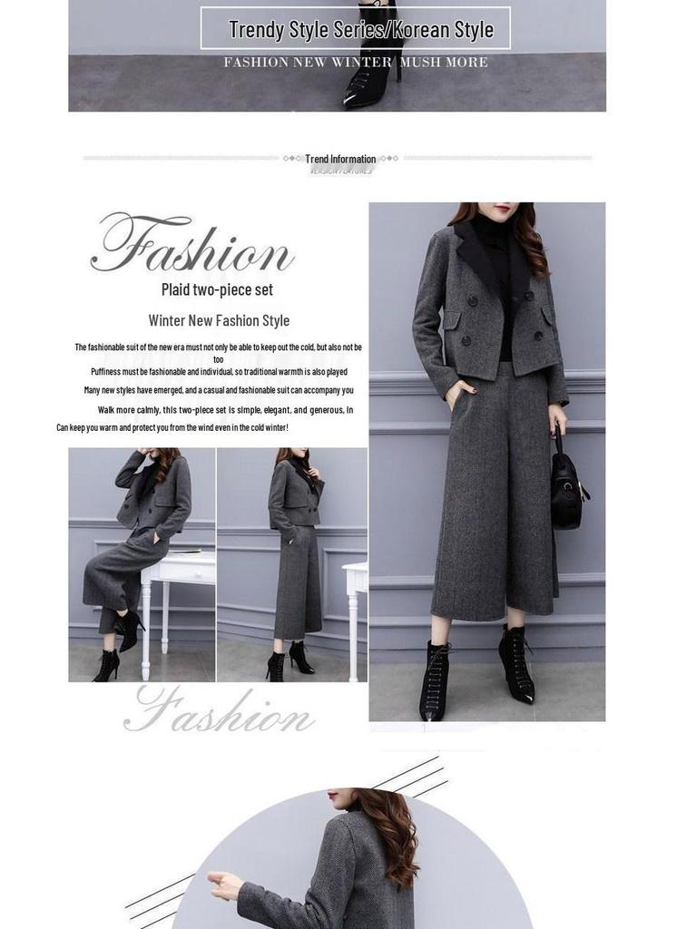 2025 Autumn/Winter Women's Herringbone Wool Coat & Wide-Leg Pants Set