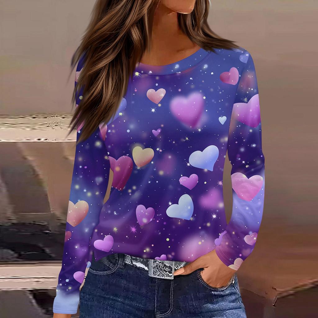 Damen Modisches Langarm-Rundhals-Oberteil mit Schlitzsaum und Valentinstag-Herzprint