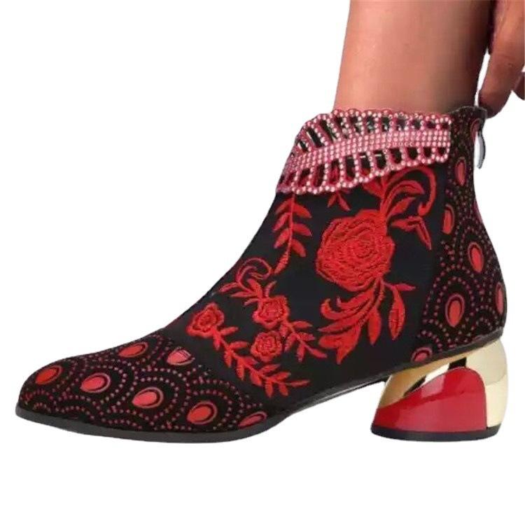 Middle heel ethnic style women's shoes embroidered rhinestone thick heel autumn and winter women's boots large size foreign trade Martin women's sh