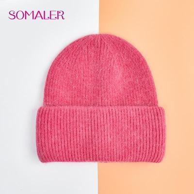 Winter Angora Wool Knitted Beanie Soft Warm Fluffy Rabbit Fur Knit Plain Beanies for Women
