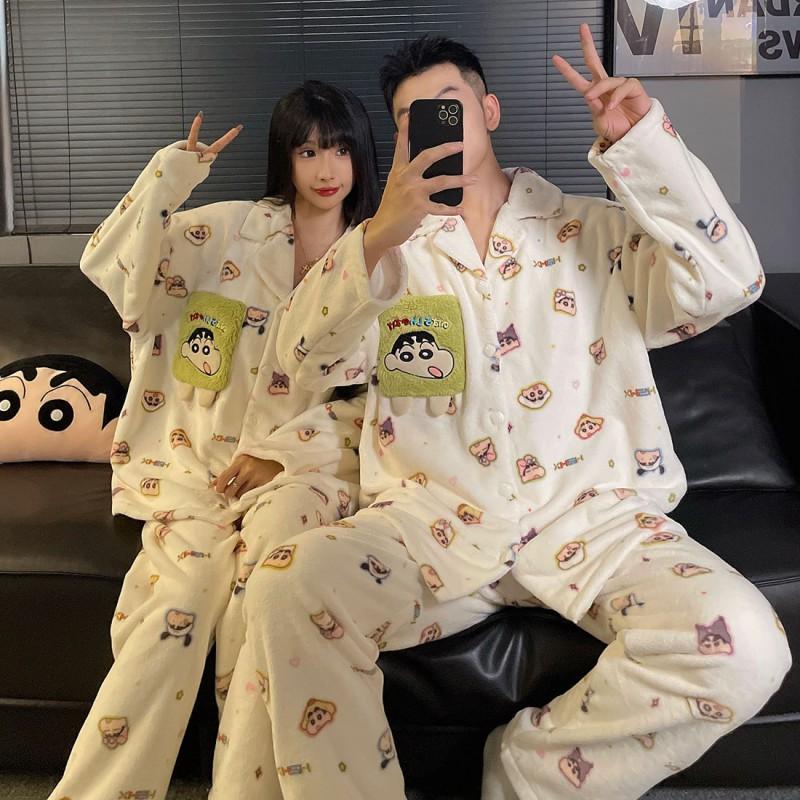 Thick Flannel Pajama Set Couples Cartoon Design Warm Sleepwear Long Sleeve Home Loungewear