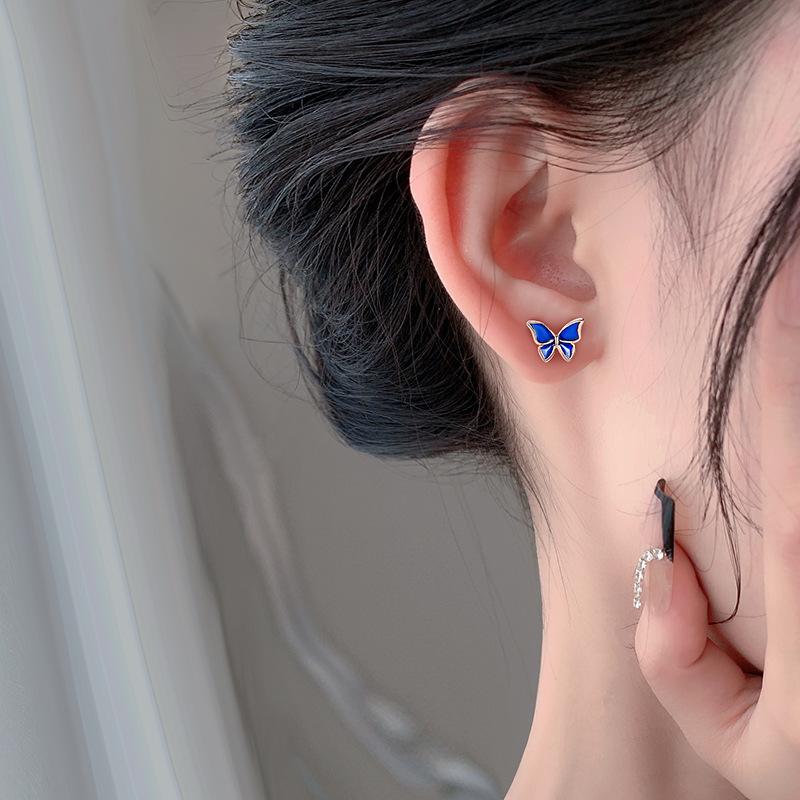 Yongcheng Blue Butterfly Small Fresh Earrings Asymmetrical Design, Feeling, Ear Piercing, Super Fairy Earrings for Best Friend