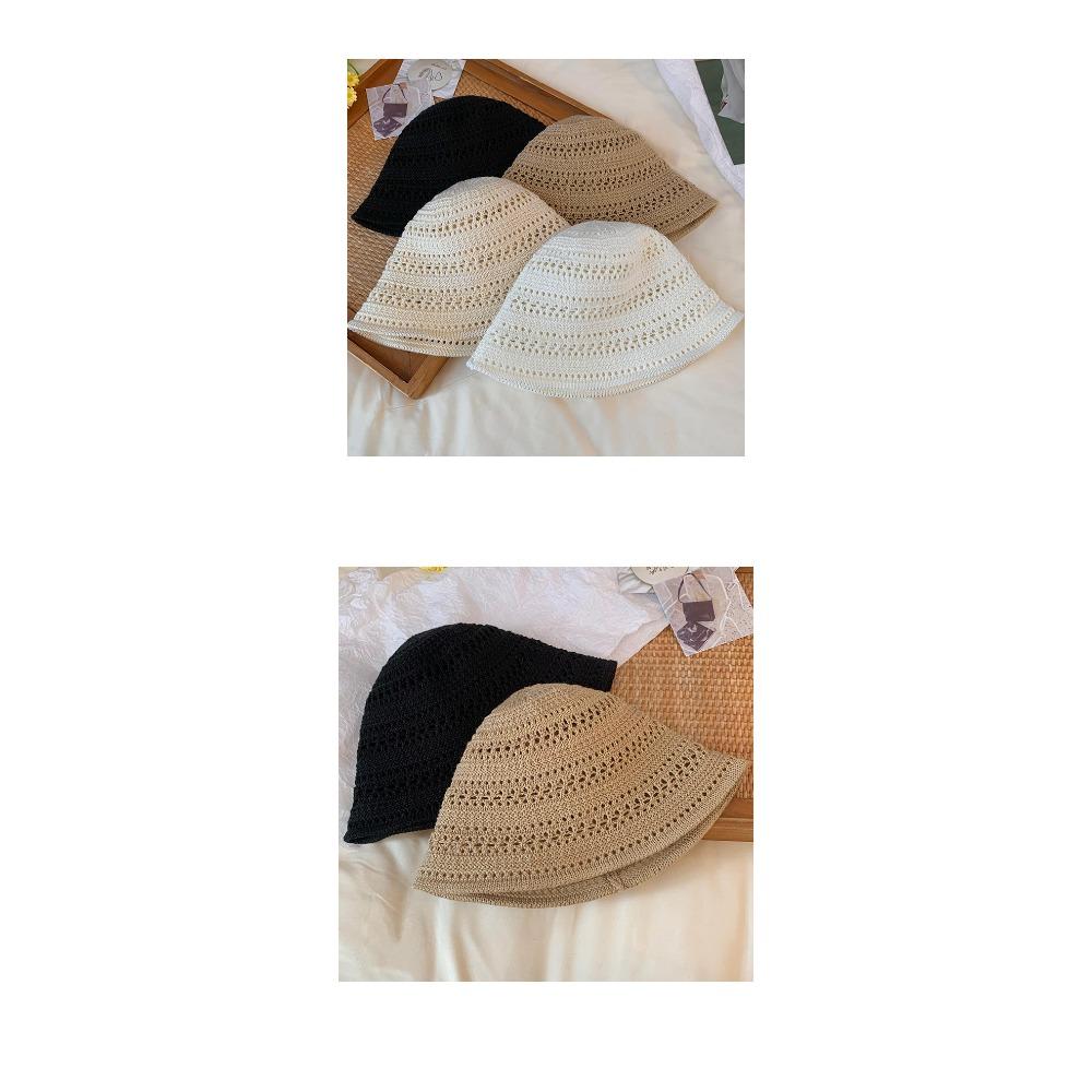 Solid Knit Hollow Out Bucket Hat Women Spring Summer Breathable UV Sun Protection Fisherman Hat