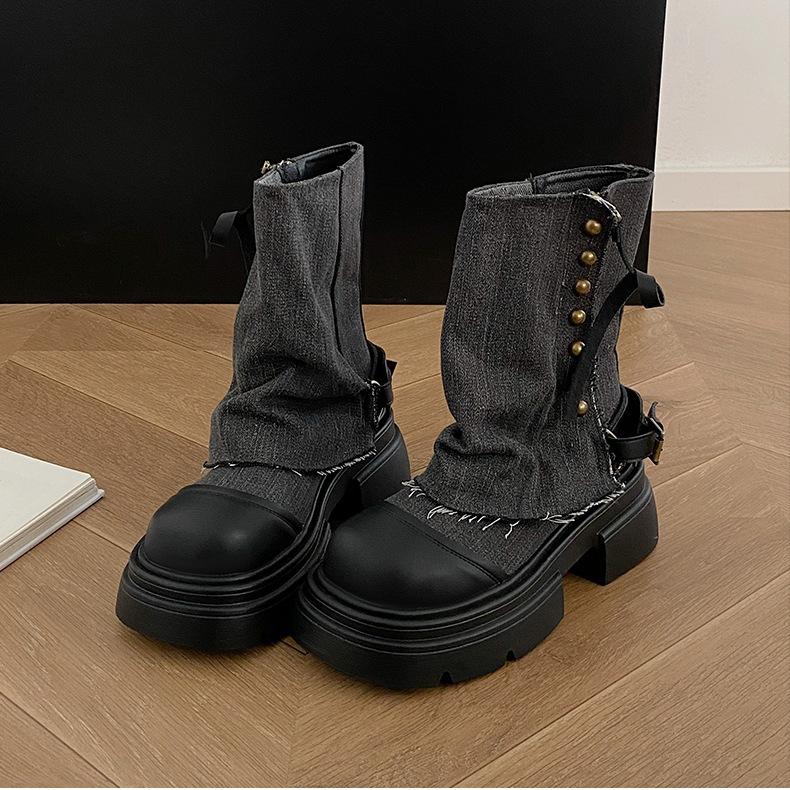 

Британская мода черные ботинки Martin в британском стиле на платформе женские летние 2025 новые нишевые короткие ботинки с юбкой на толстом каблуке 35 чёрный