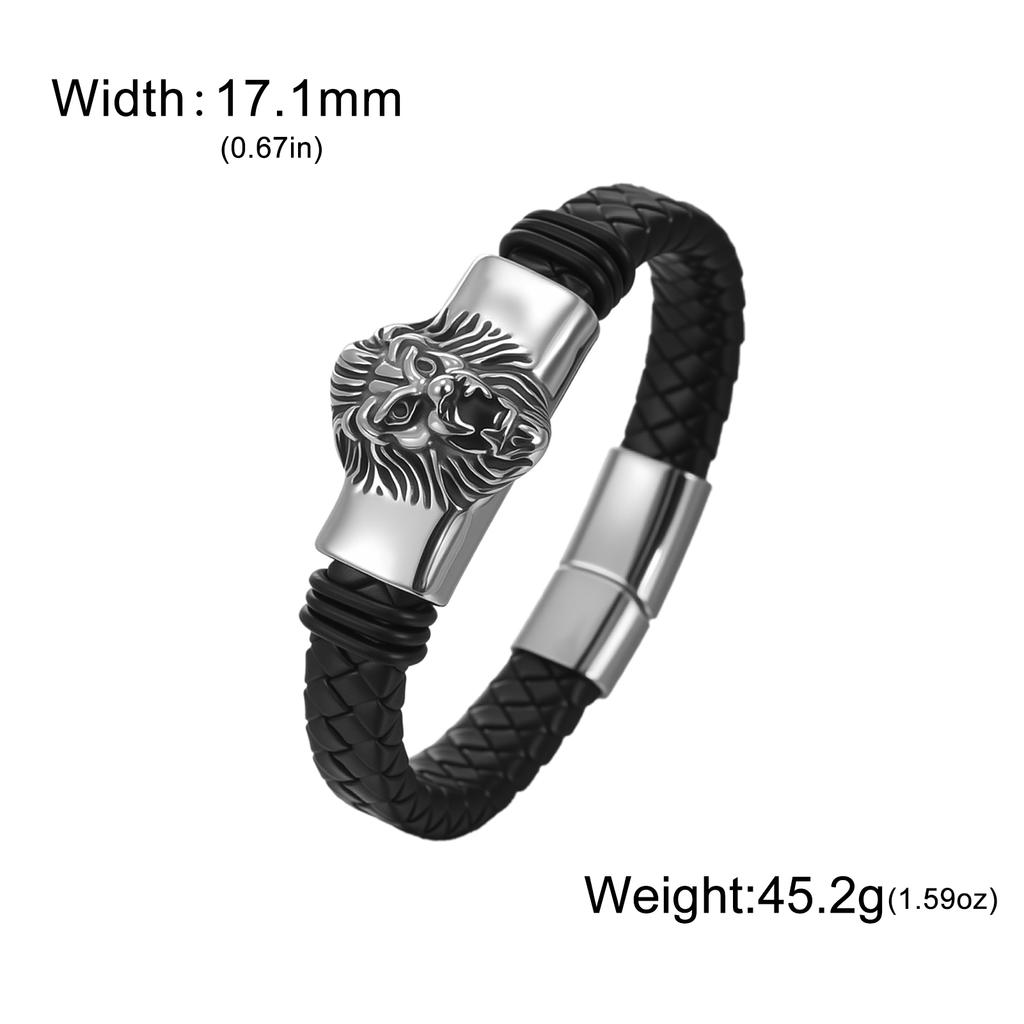 Dreamtimes Retro Stainless Steel Lion Head Steel Woven Leather Rope Bracelet for Women Men Hip-Hop Trendy Jewelry