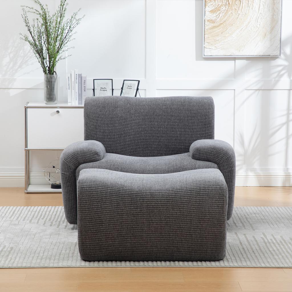 Chenille armchair with stool, vacuum-packed with 30D high-elasticity foam filling, assembly-free for living room & small spaces-Gray