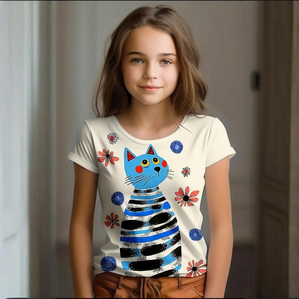 Girl Clothes Summer Cartoon Cat Graphic Children's Clothing  Doodling Short Sleeve O-Neck Top