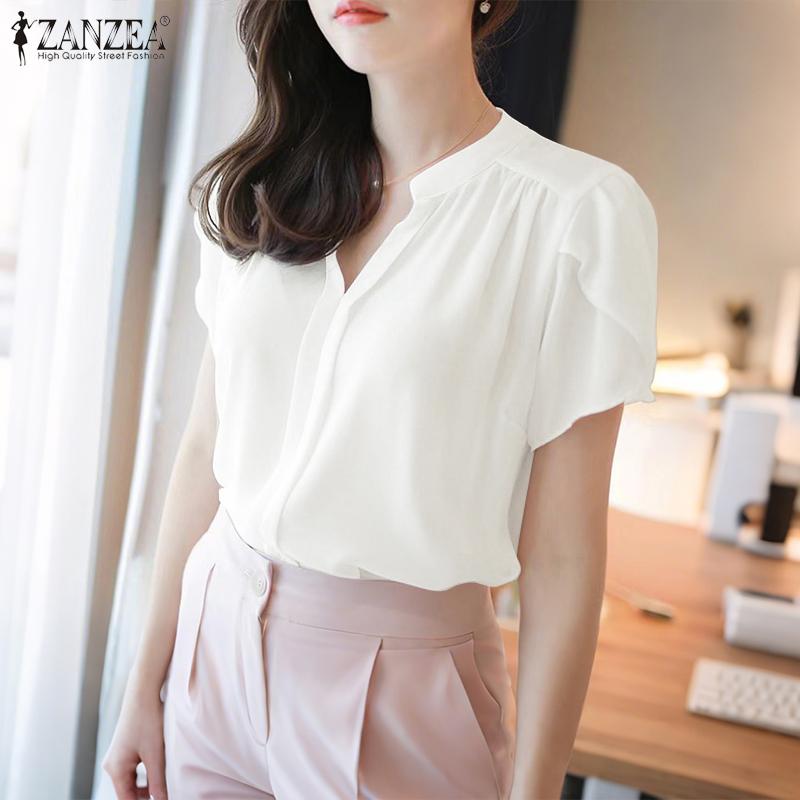 ZANZEA Women Summer V-Neck Short Sleeve Solid Color Casual Blouse